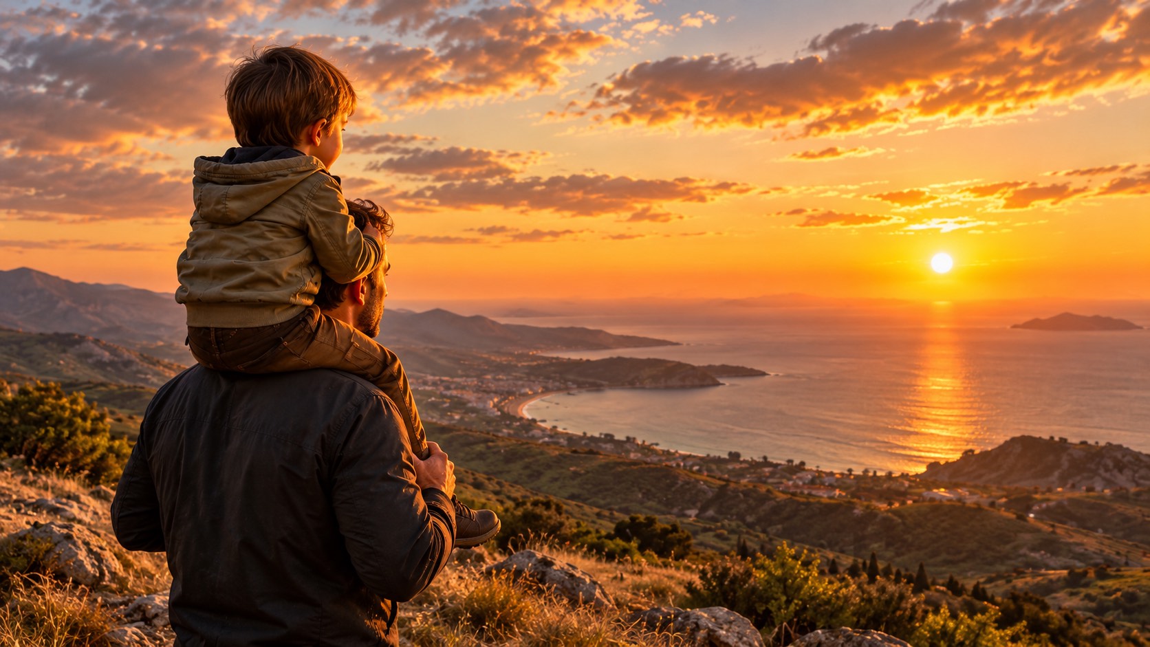 A father with his child on his shoulders watches the sunset over the coast from a hilltop